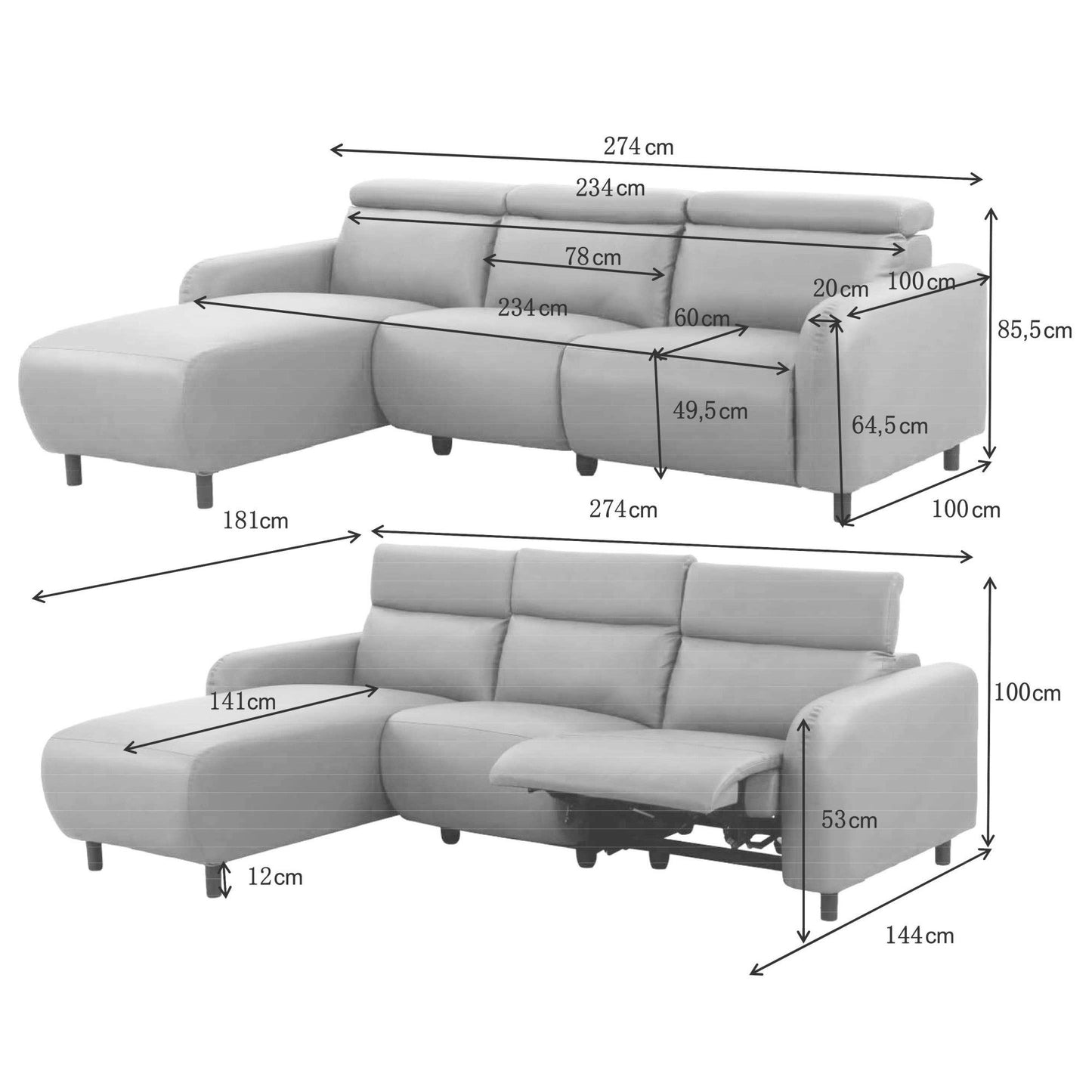 Ecksofa Cord mit manueller Relaxfunktion