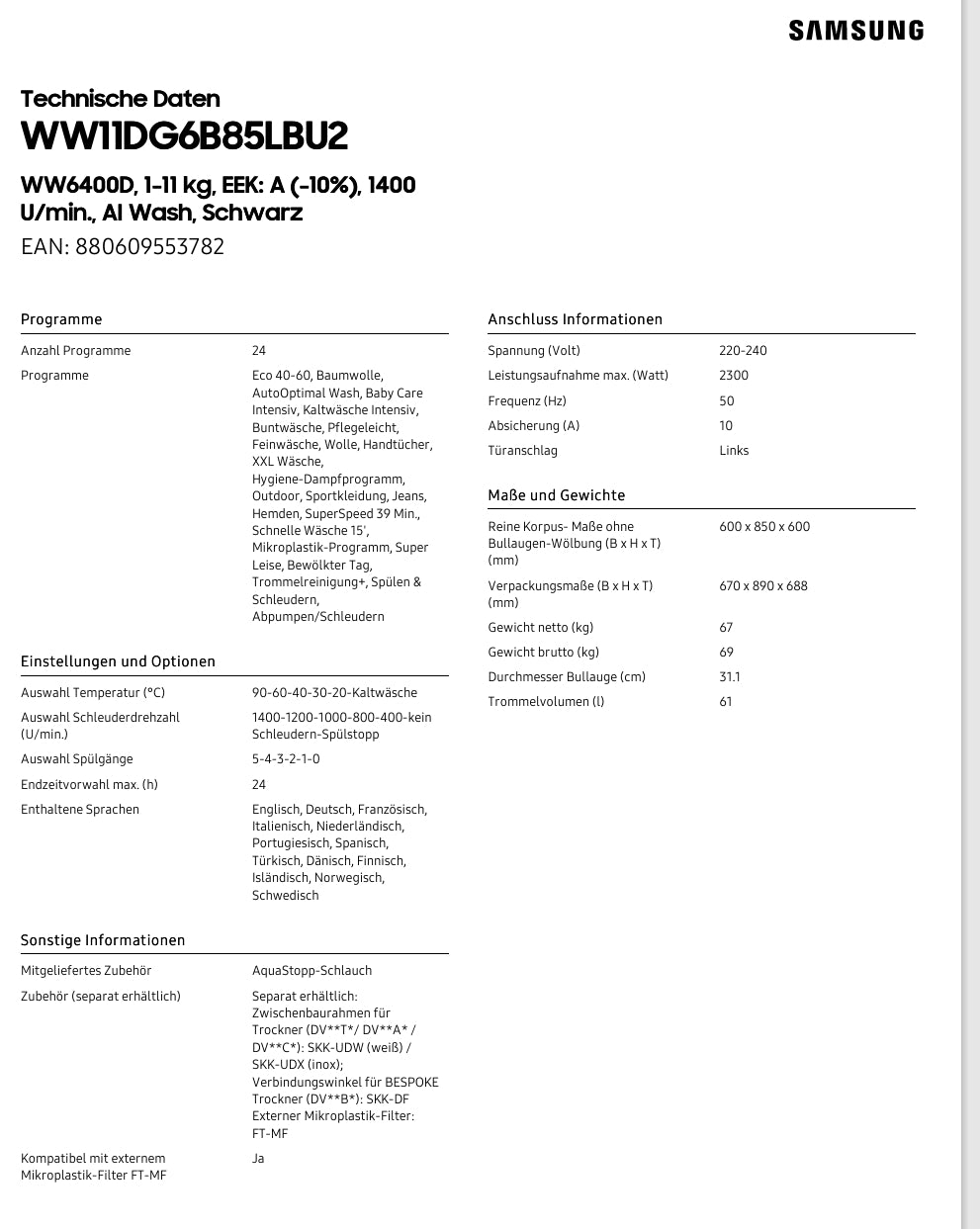 Samsung WW 11 DG 6B85 LBU2 inkl. 5 Jahre Garantie!!