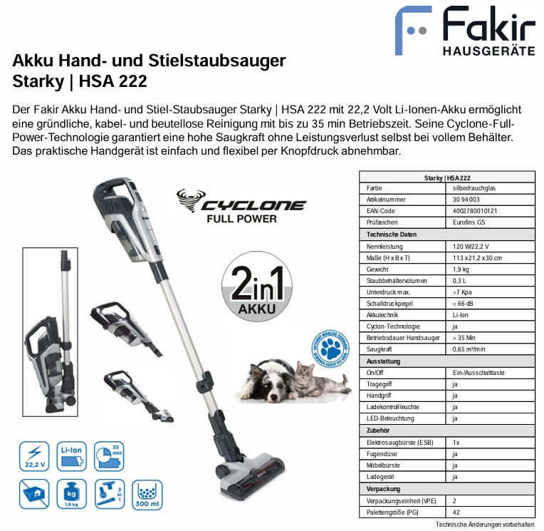 Fakir Starky HSA 222 Akku Hand- und Stielstaubsauger !! inkl. 5 Jahre Garantie !!