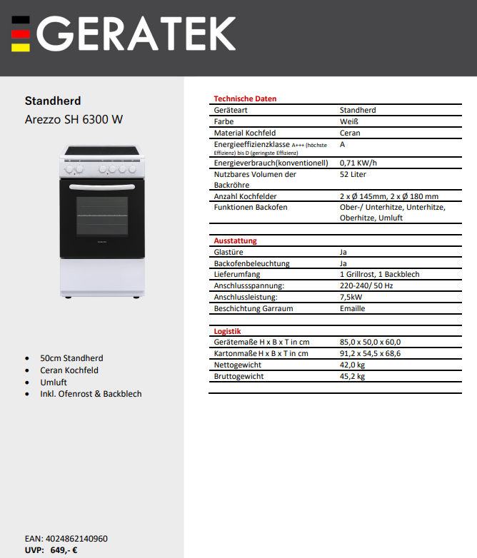 Geratek Arezzo SH 6300 W !!inkl. 5Jahre Garantie!!