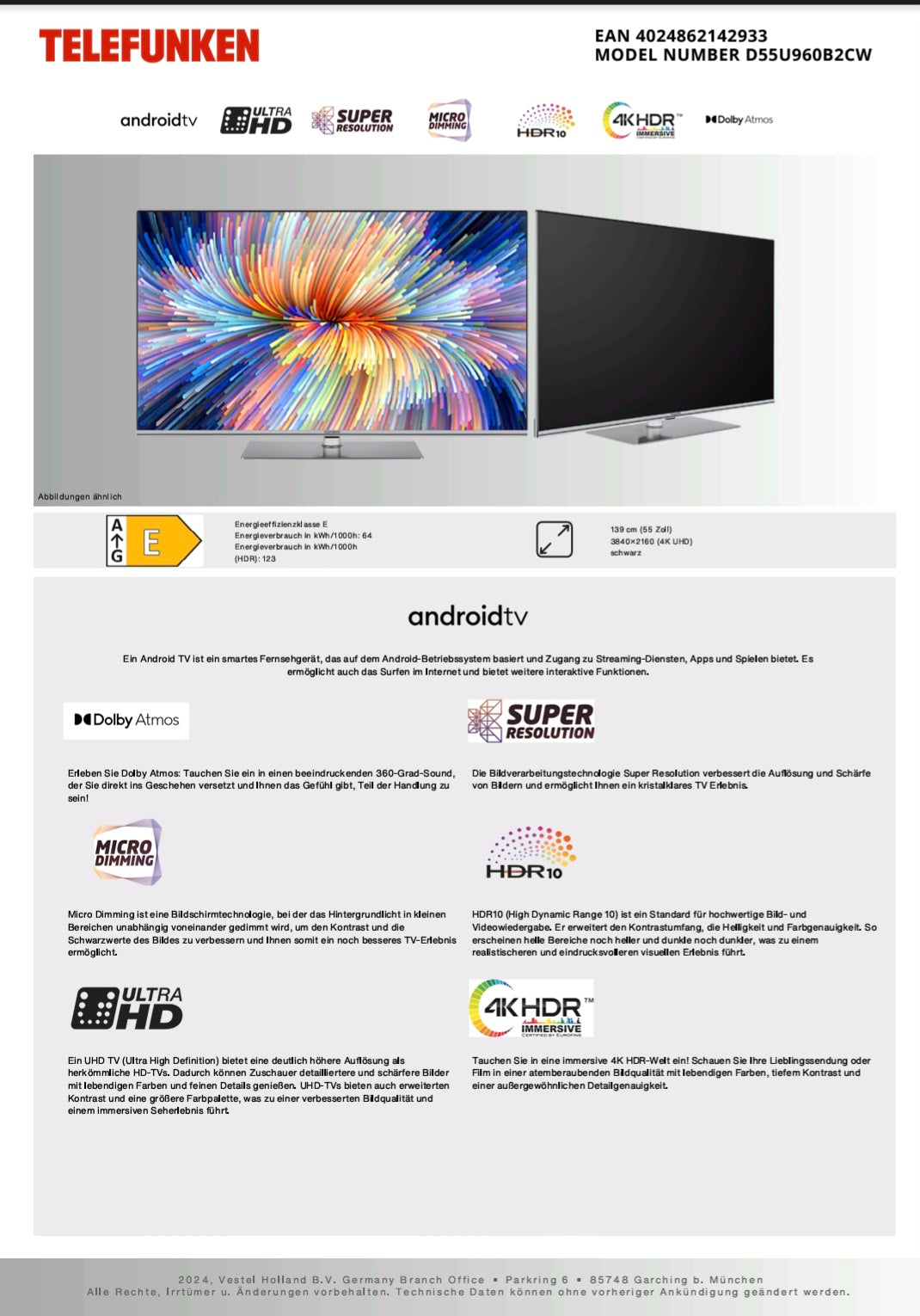 Telefunken 4K Ultra-HD Smart-TV D55U960B2 CW !inkl. 5 Jahre Garantie!