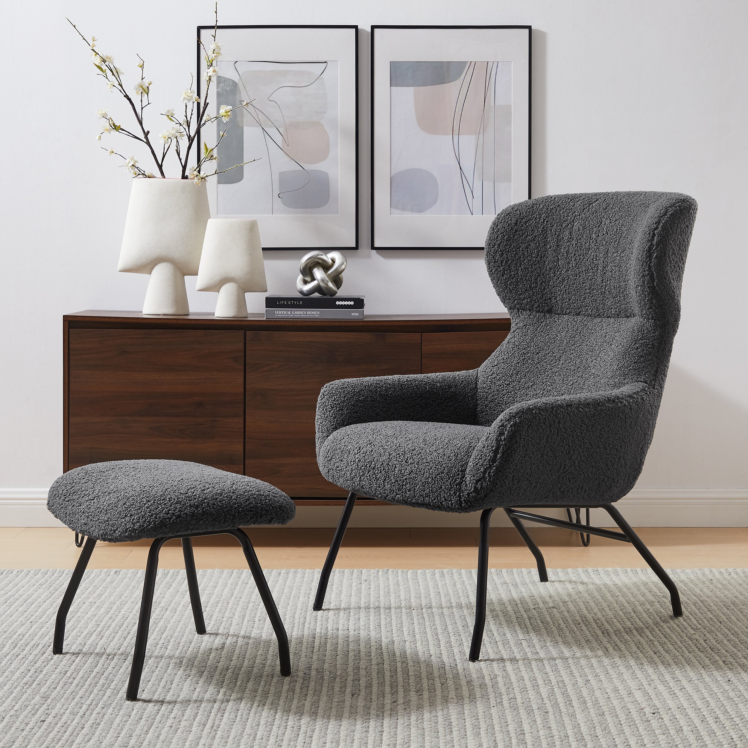 Sales Fever - Sessel und Hocker Set Teddyfell Anthrazit