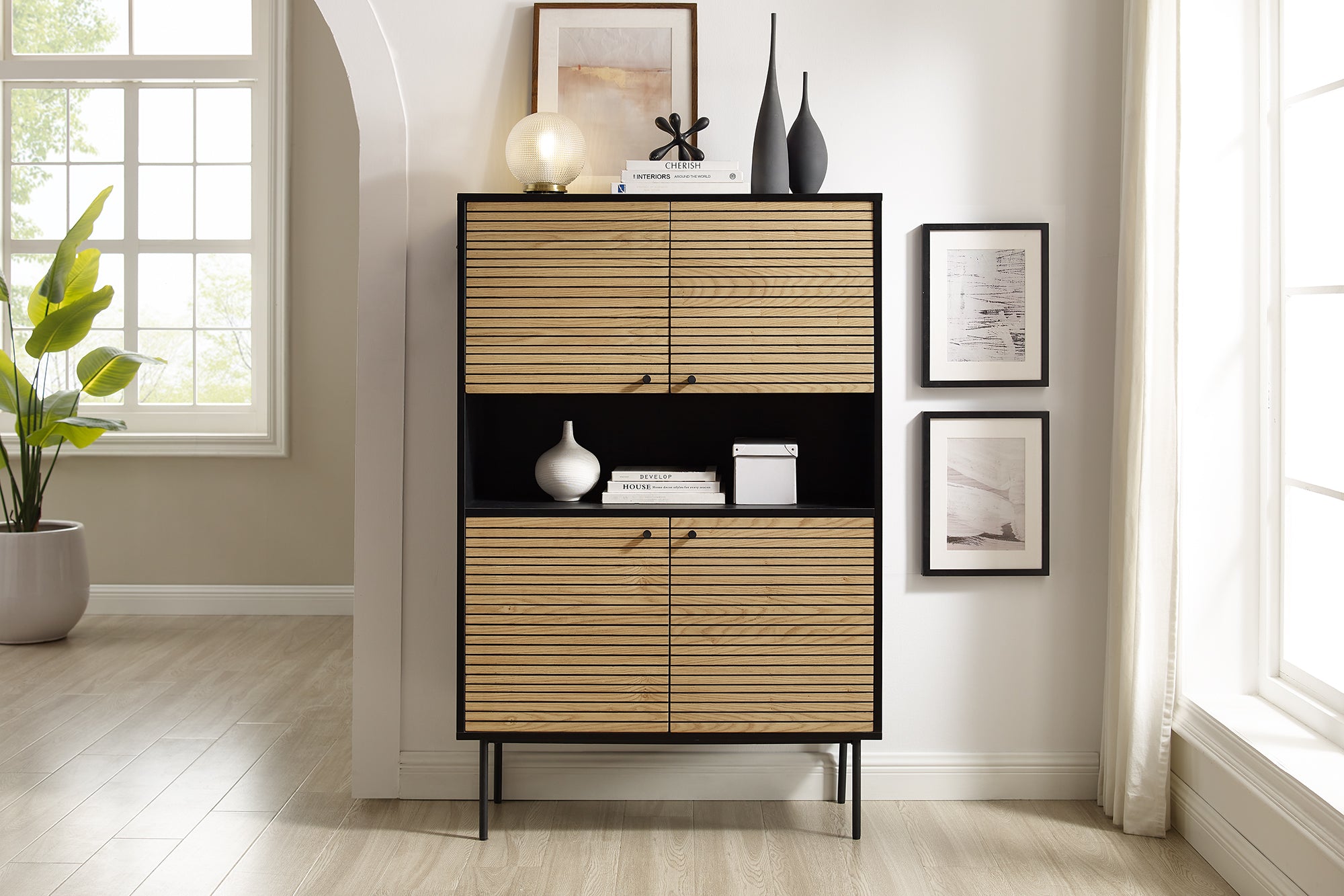 Sales Fever - Highboard Schwarz/Eiche Echtholzfurnier