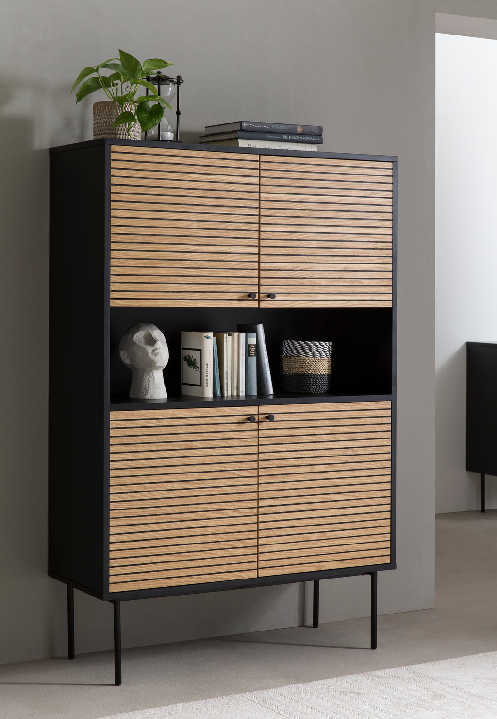 Sales Fever - Highboard Schwarz/Eiche Echtholzfurnier