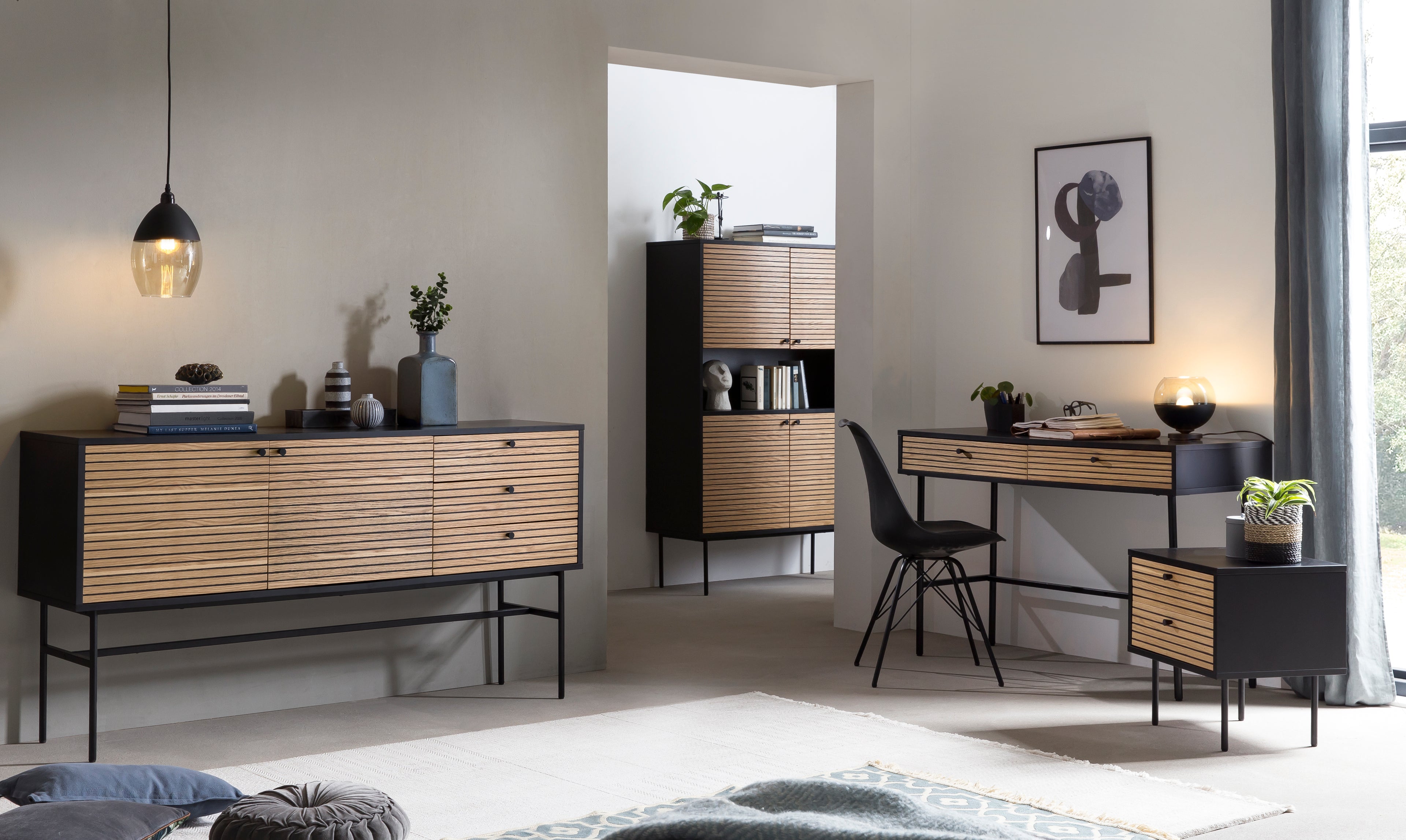 Sales Fever - Highboard Schwarz/Eiche Echtholzfurnier