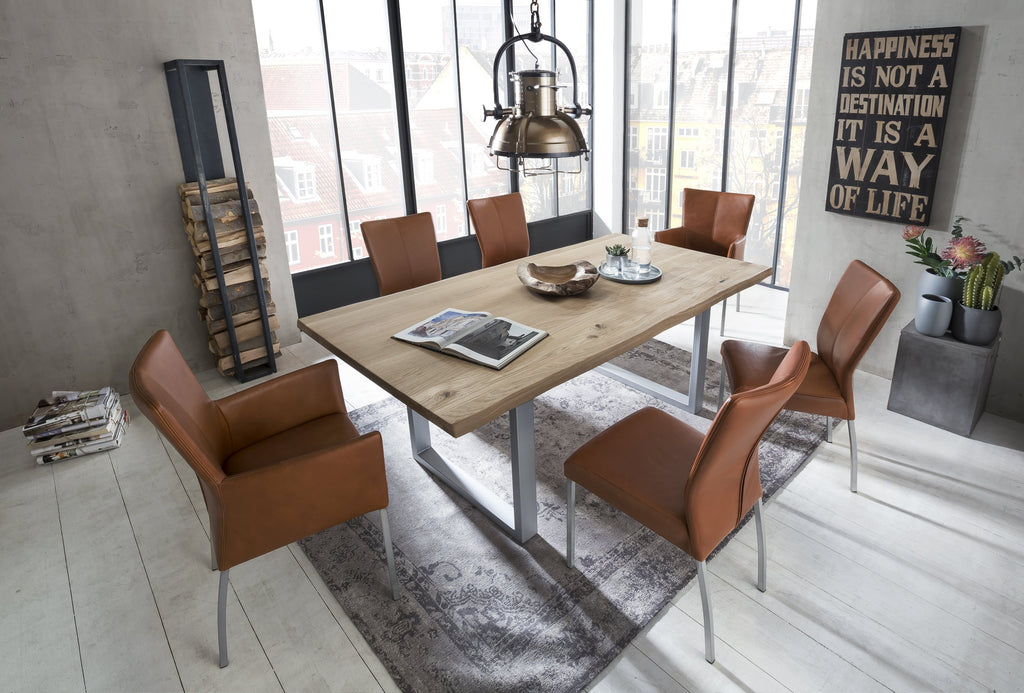 TABLES & CO Tisch 180x90 cm, Wildeiche, silbernes Gestell – Platte natur, Gestell antiksilbern – Bild 3