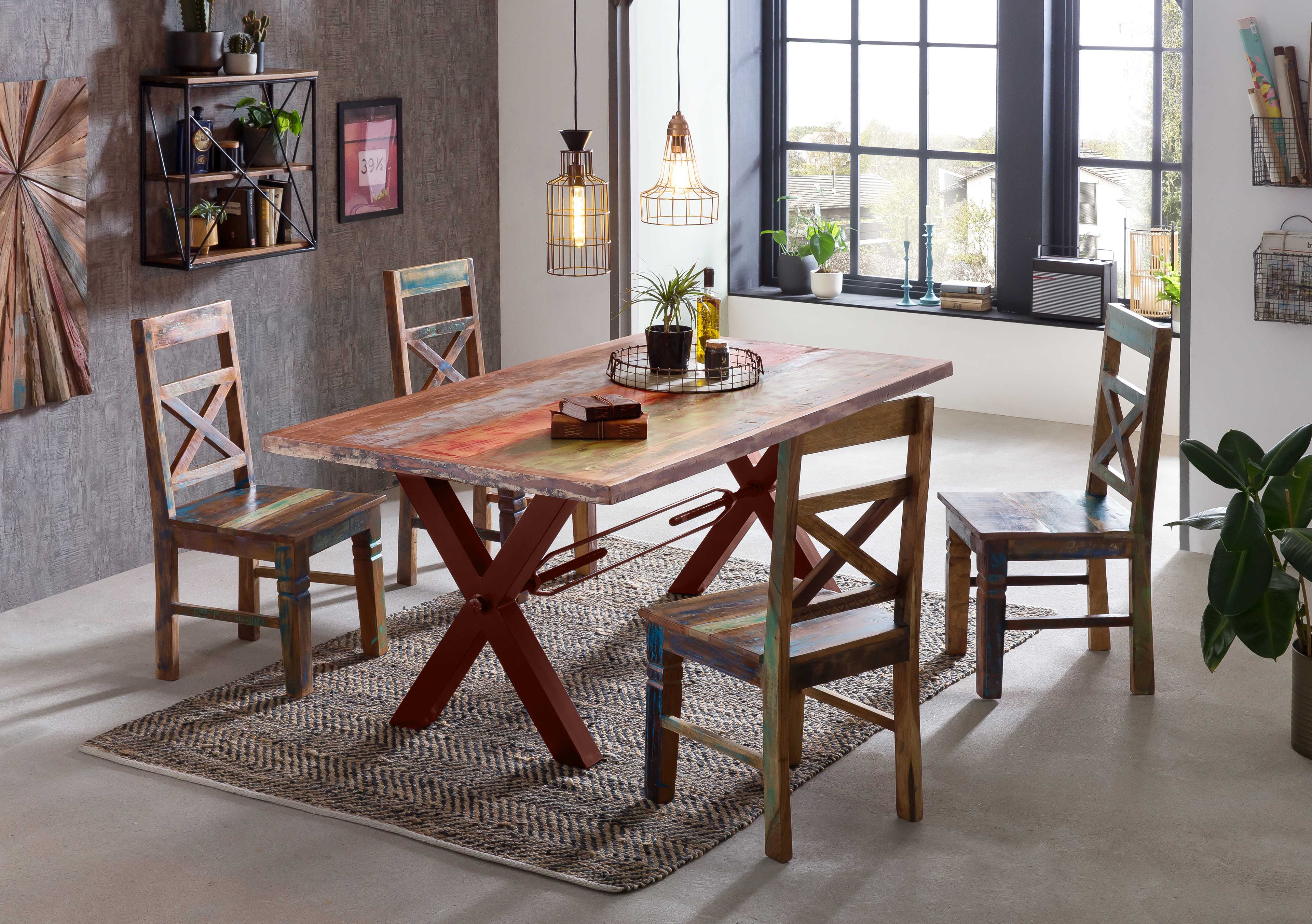 TABLES & CO Tisch 240x100 cm, Altholz bunt lackiert – Platte bunt, Gestell braun – Bild 3