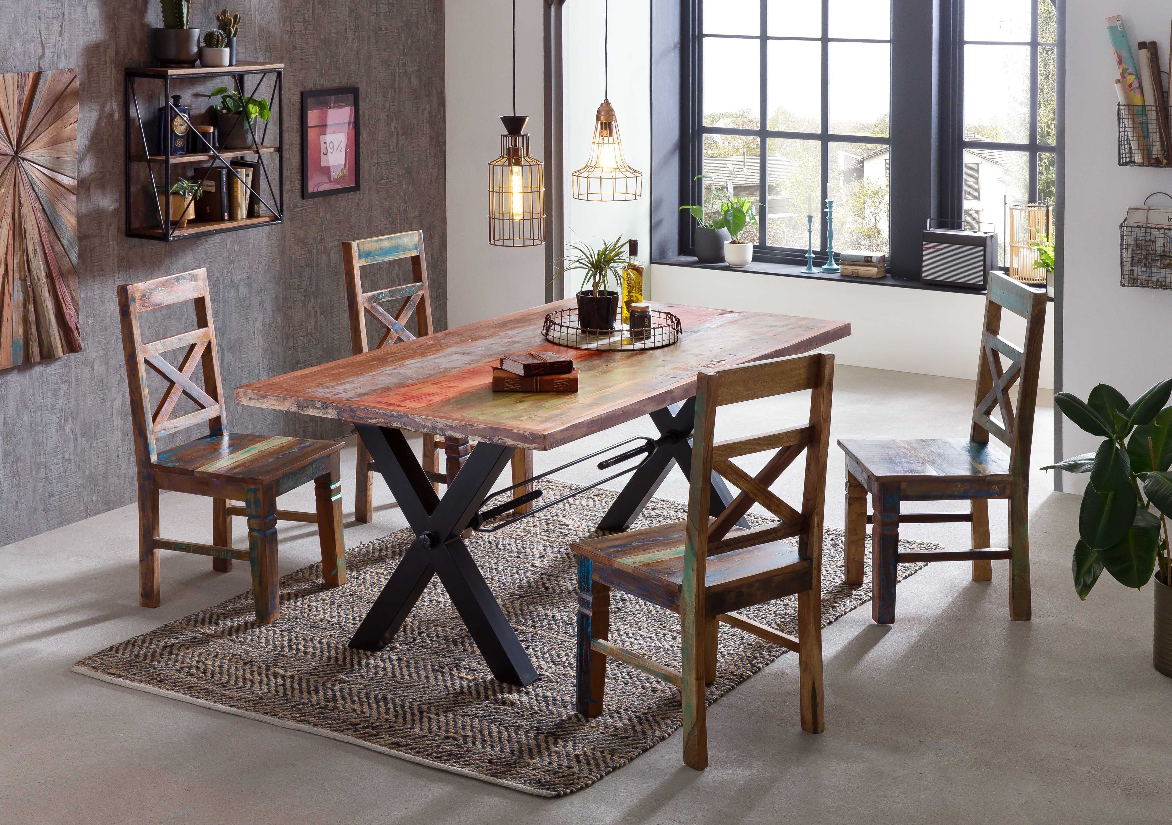 TABLES & CO Tisch 160x85 cm, Altholz bunt lackiert – Platte bunt, Gestell schwarz – Bild 3