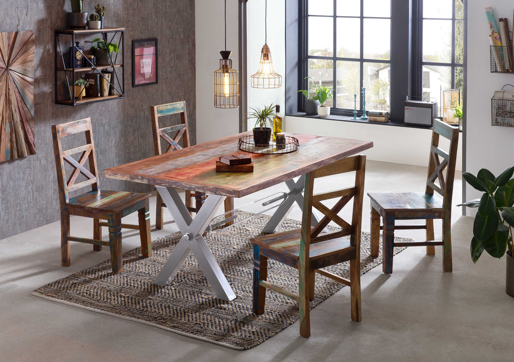 TABLES & CO Tisch 220x100 cm, Altholz bunt lackiert – Platte bunt, Gestell silber – Bild 3