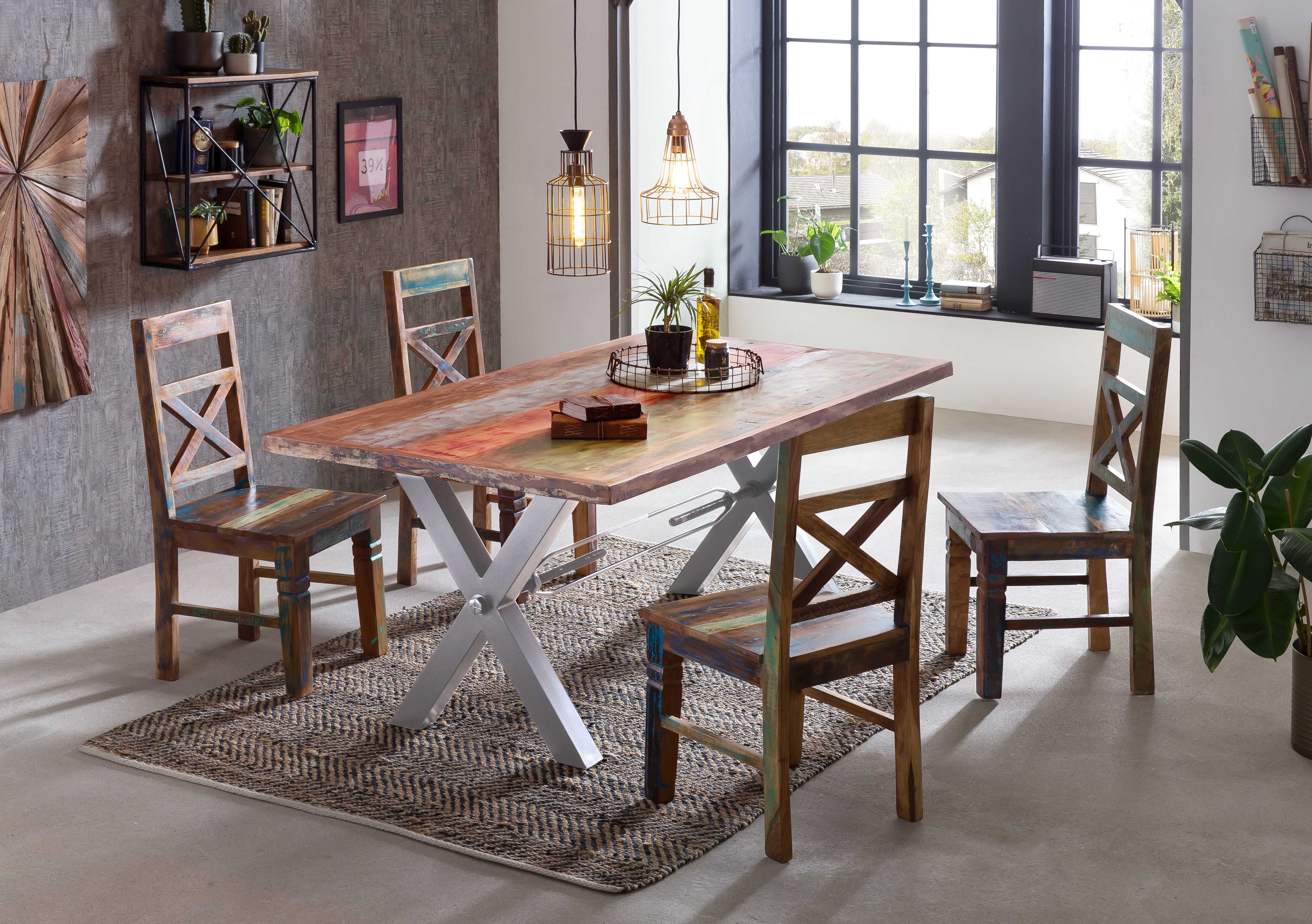 TABLES & CO Tisch 220x100 cm, Altholz bunt lackiert – Platte bunt, Gestell silber – Bild 3