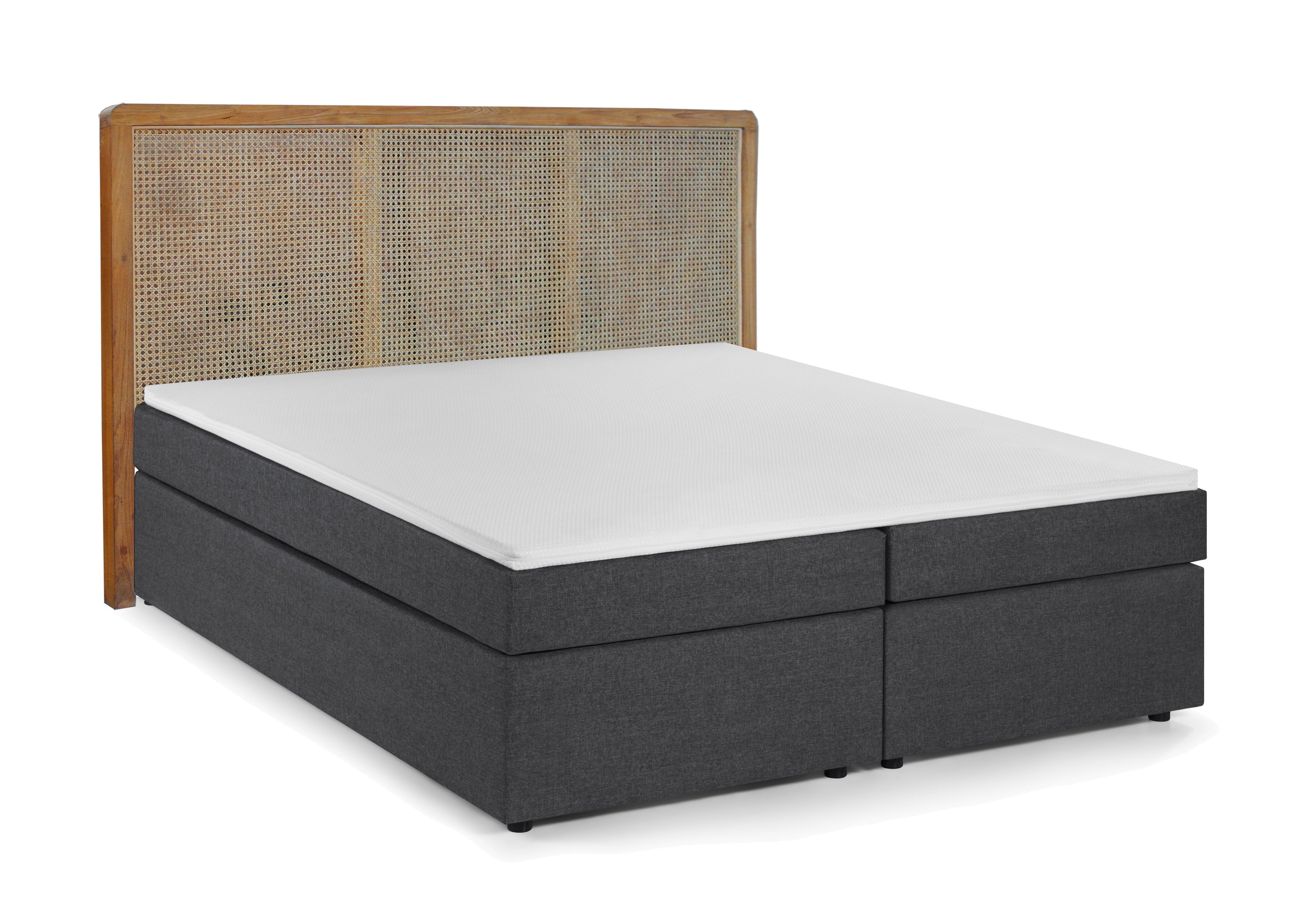 THIS & THAT Boxspringbett mit Rattan-Kopfteil – Dunkelgrau, natur