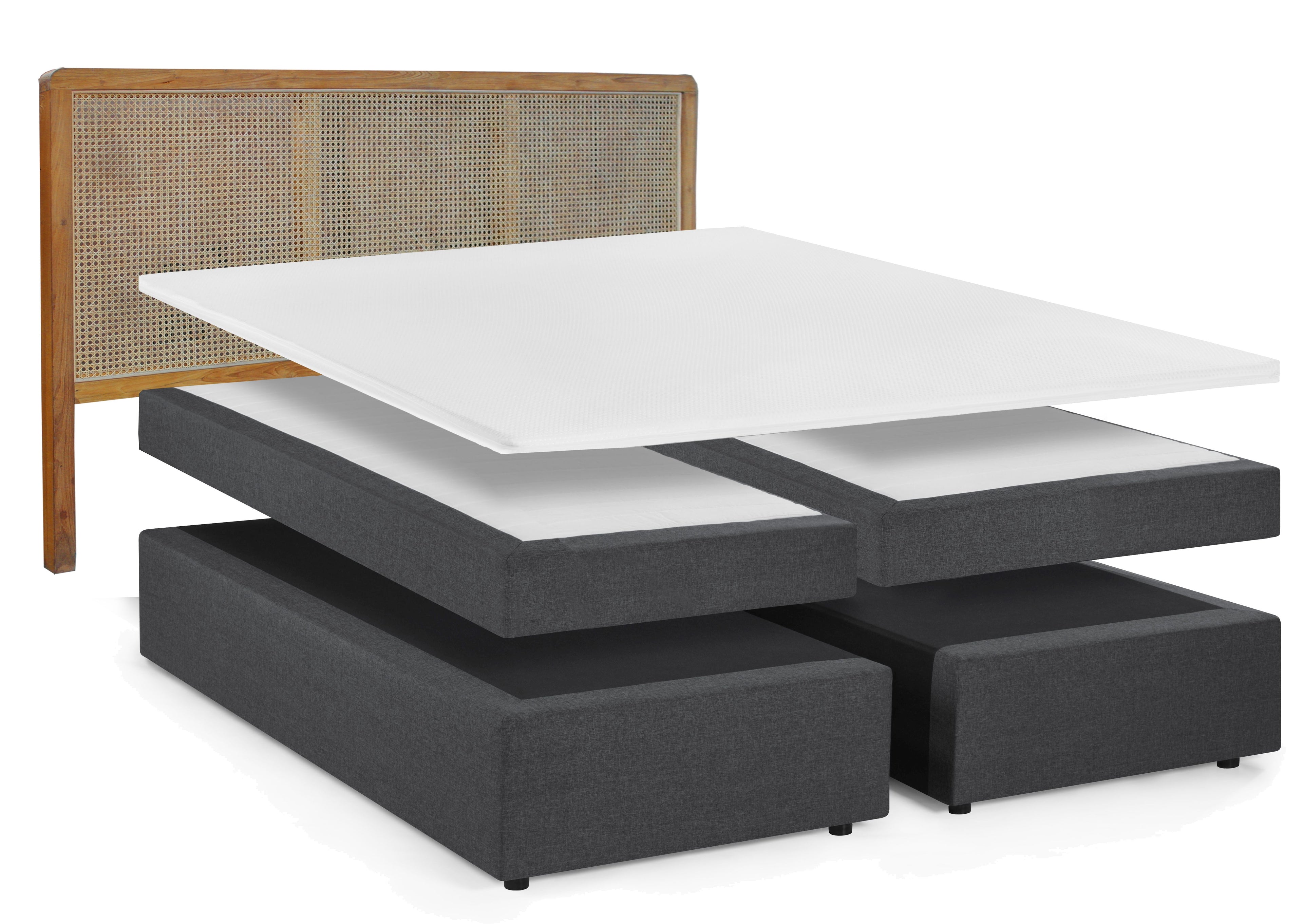 THIS & THAT Boxspringbett mit Rattan-Kopfteil – Dunkelgrau, natur – Bild 2