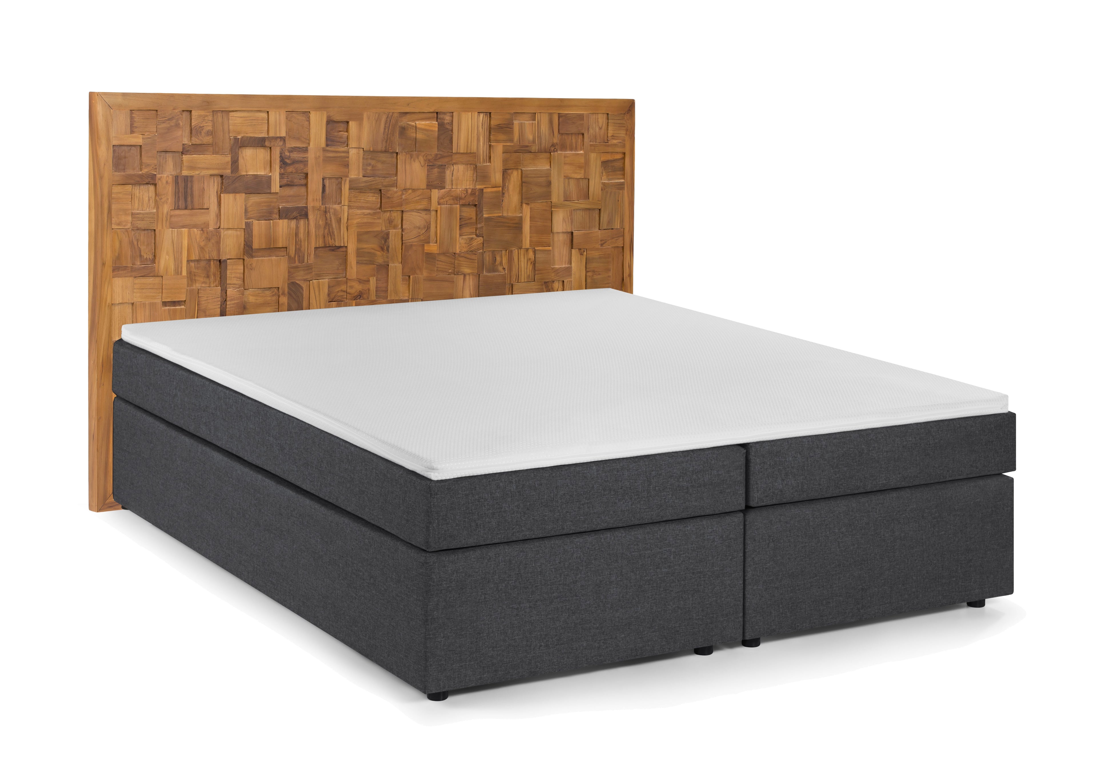 THIS & THAT Boxspringbett mit Holz-Mosaik-Kopfteil – Dunkelgrau, natur