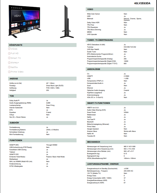 Toshiba Full HD Smart-TV 40 Zoll 40 LV 2E 63 DA !!inkl.5Jahre Garantie!!