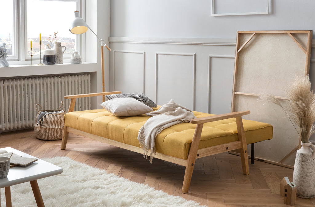 Sales Fever - Schlafsofa skandinavisch Strukturstoff senfgelb