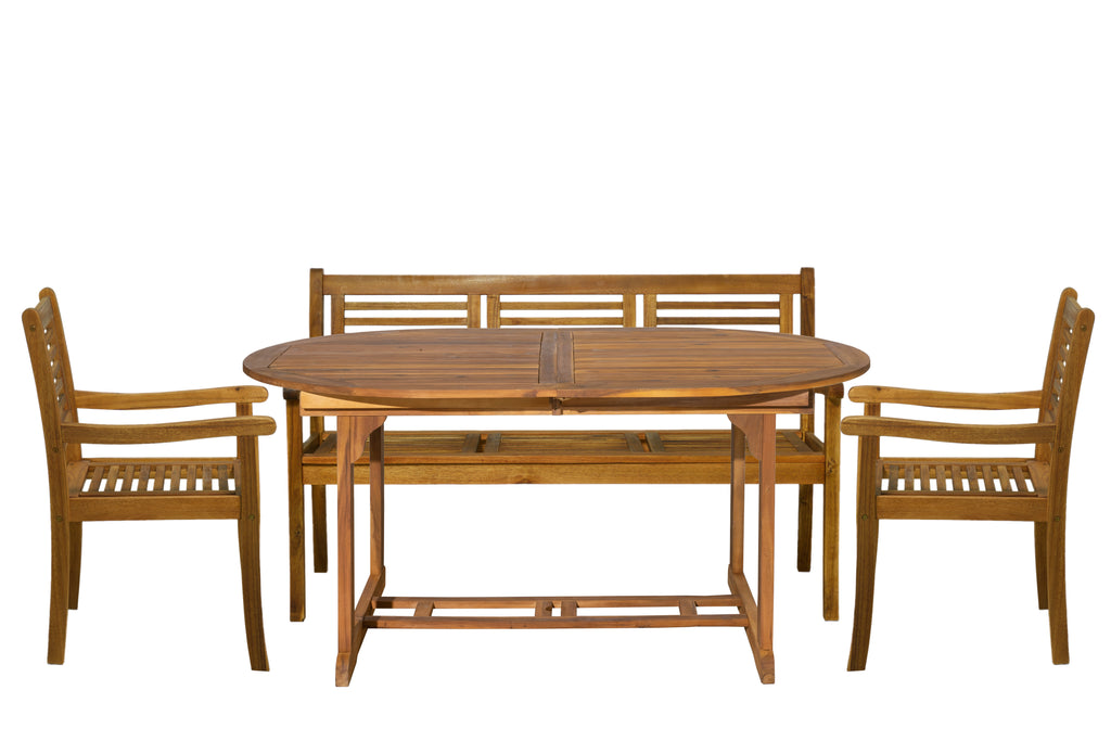 Möbilia - Outdoor Sitzgruppe natur Akazie – 1 Tisch, 2 Stühle, 1 Bank – Tisch 150/200 cm ausziehbar