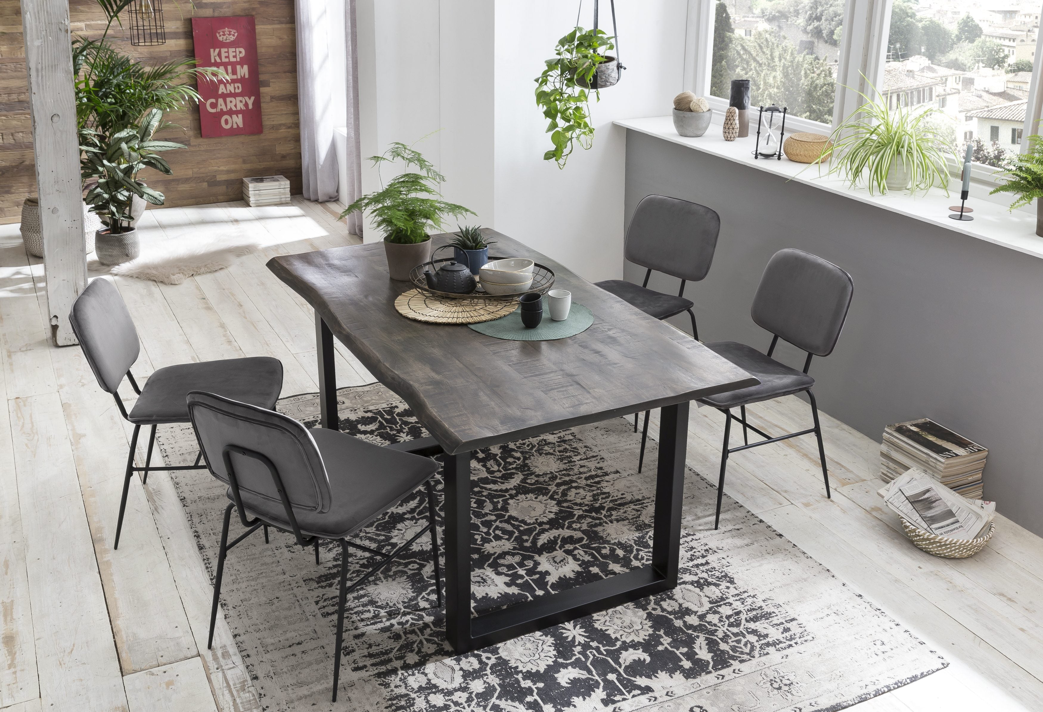 TABLES & CO Tisch 160x85 cm, Mango grau sägerau, Gestell schwarz – Platte grau, Gestell schwarz lackiert – Bild 5