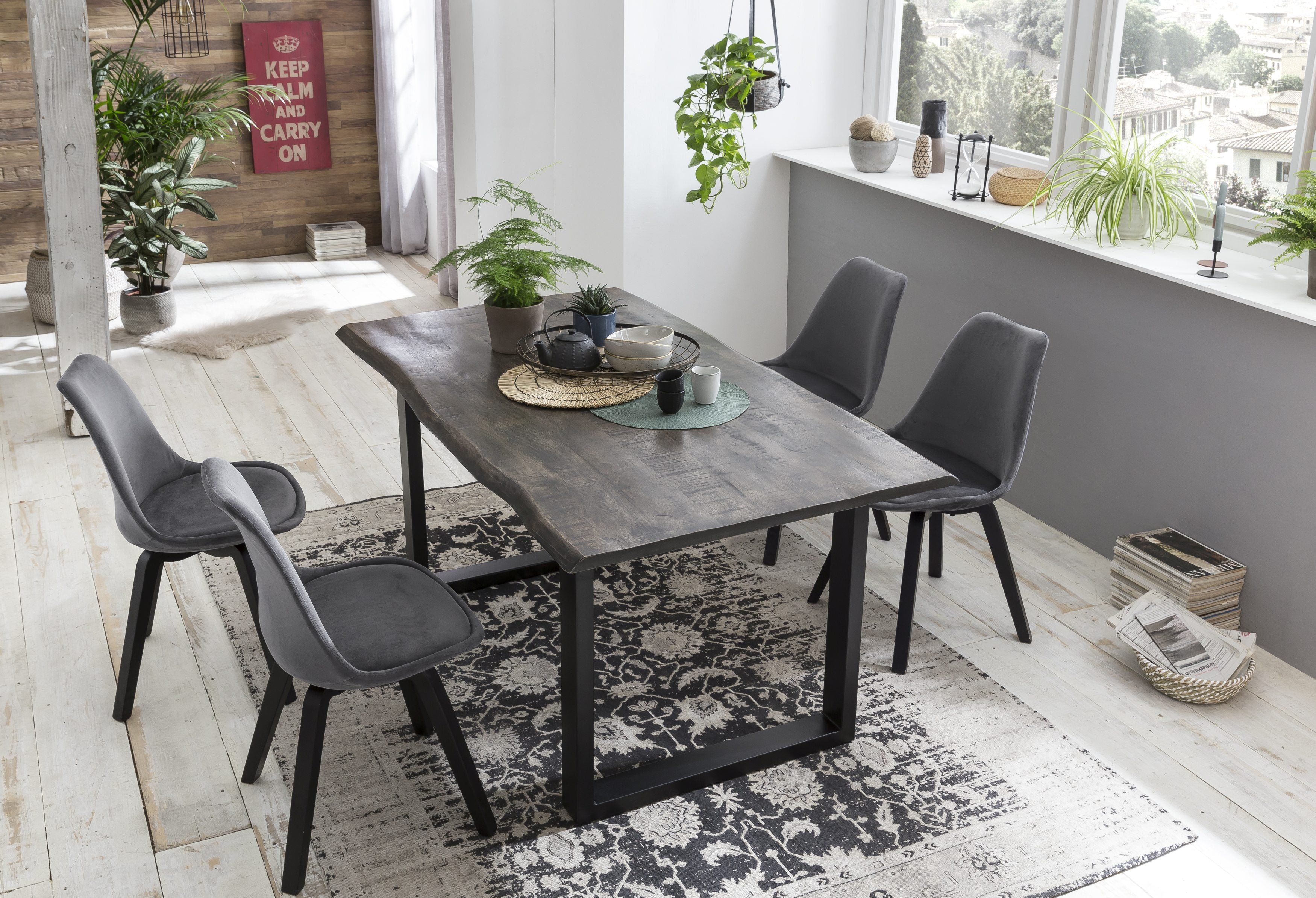 TABLES & CO Tisch 160x85 cm, Mango grau sägerau, Gestell schwarz – Platte grau, Gestell schwarz lackiert – Bild 6