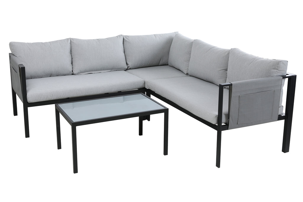 Möbilia - Sitzgruppe grau, schwarz – 1 Ecksofa, 1 Couchtisch, Sitz- + Rückenkissen