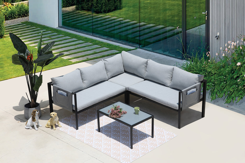 Möbilia - Sitzgruppe grau, schwarz – 1 Ecksofa, 1 Couchtisch, Sitz- + Rückenkissen