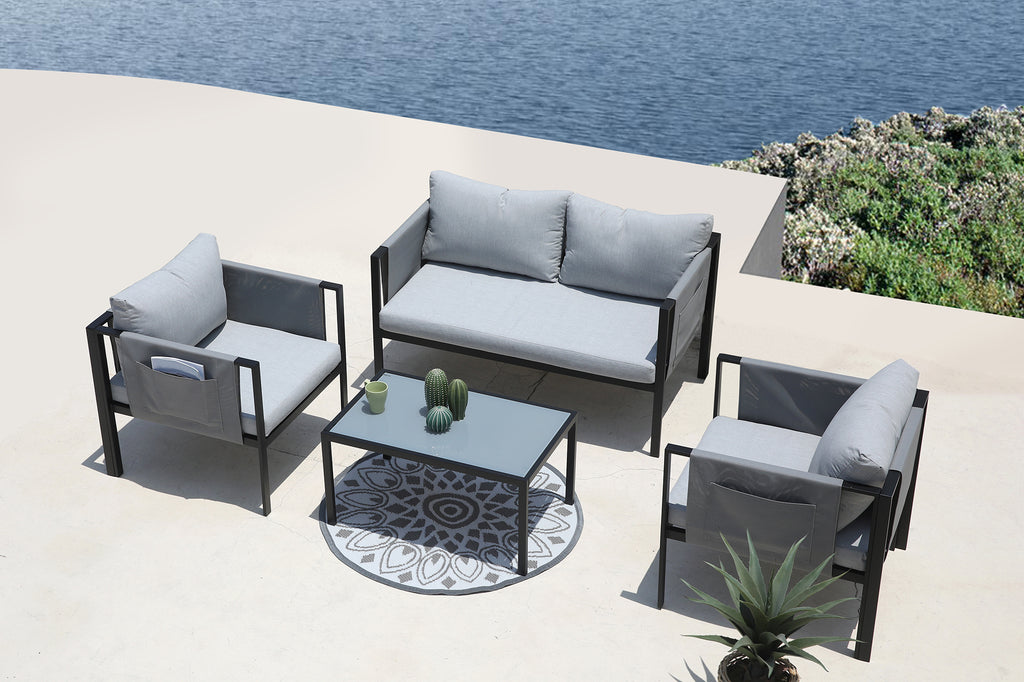 Möbilia - Sitzgruppe grau, schwarz – 2-Sitzer + 2 Sessel, 1 Couchtisch, Sitz- + Rü