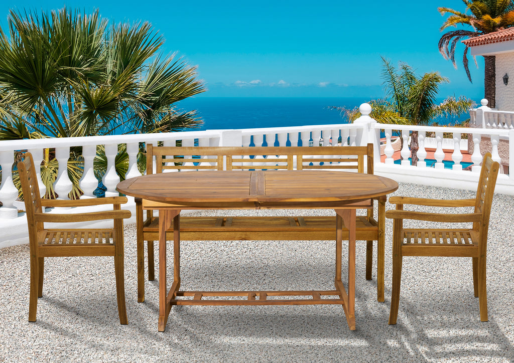 Möbilia - Outdoor Sitzgruppe natur Akazie – 1 Tisch, 2 Stühle, 1 Bank – Tisch 150/200 cm ausziehbar