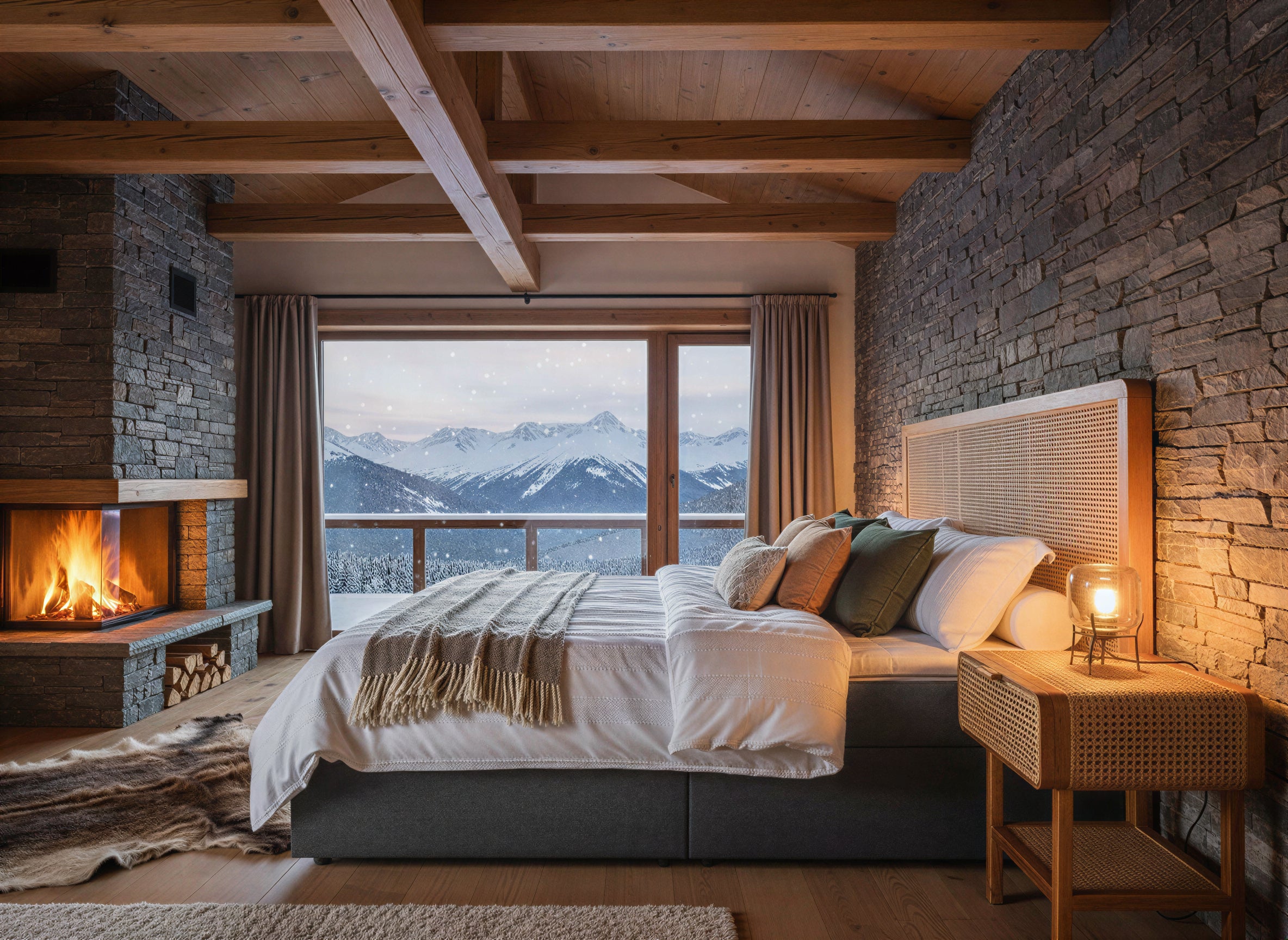 THIS & THAT Boxspringbett mit Rattan-Kopfteil – Dunkelgrau, natur – Bild 4