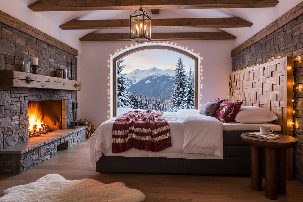 THIS & THAT Boxspringbett mit Holz-Mosaik-Kopfteil – Dunkelgrau, natur – Bild 4