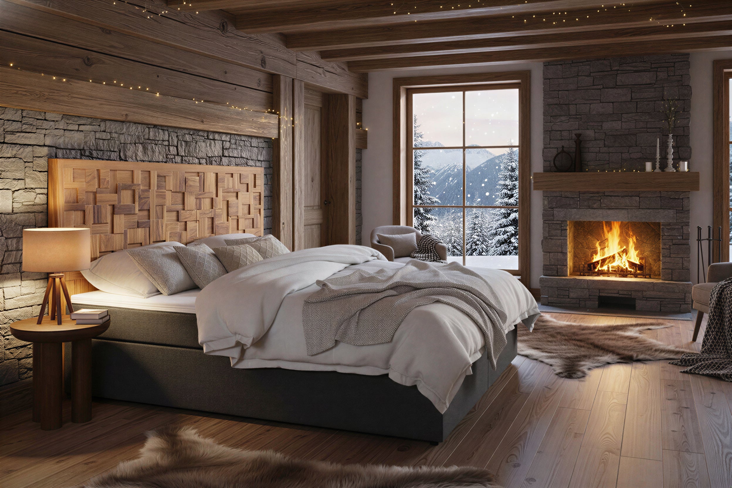 THIS & THAT Boxspringbett mit Holz-Mosaik-Kopfteil – Dunkelgrau, natur – Bild 5
