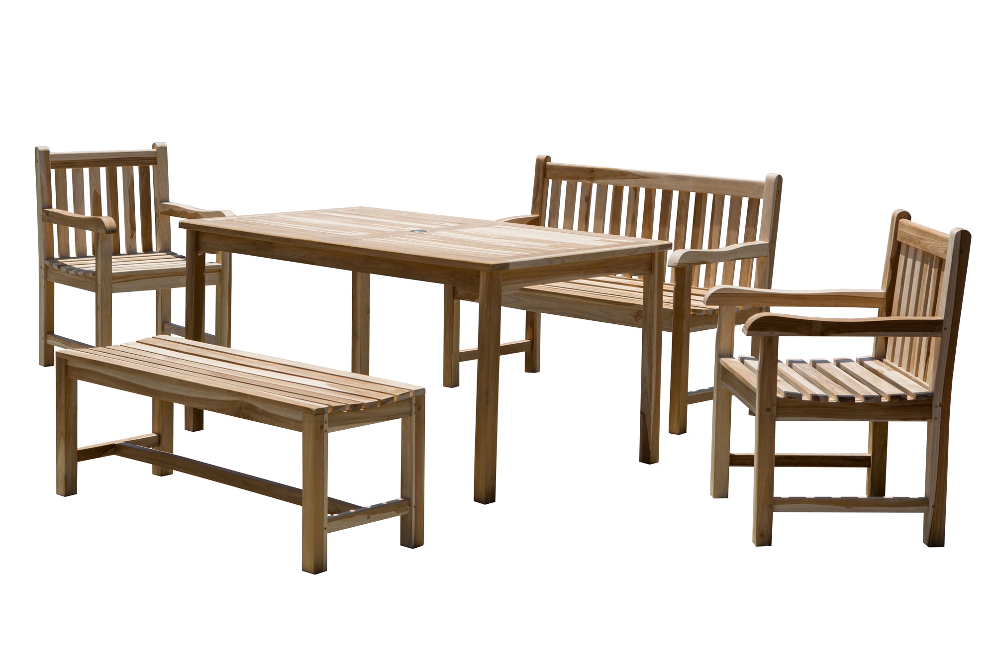 Möbilia - Outdoor Sitzgruppe natur Teak – 2 Armlehnstühle, 2 Bänke, 1 Tisch