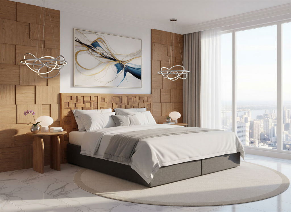 THIS & THAT Boxspringbett mit Holz-Mosaik-Kopfteil – Dunkelgrau, natur – Bild 6