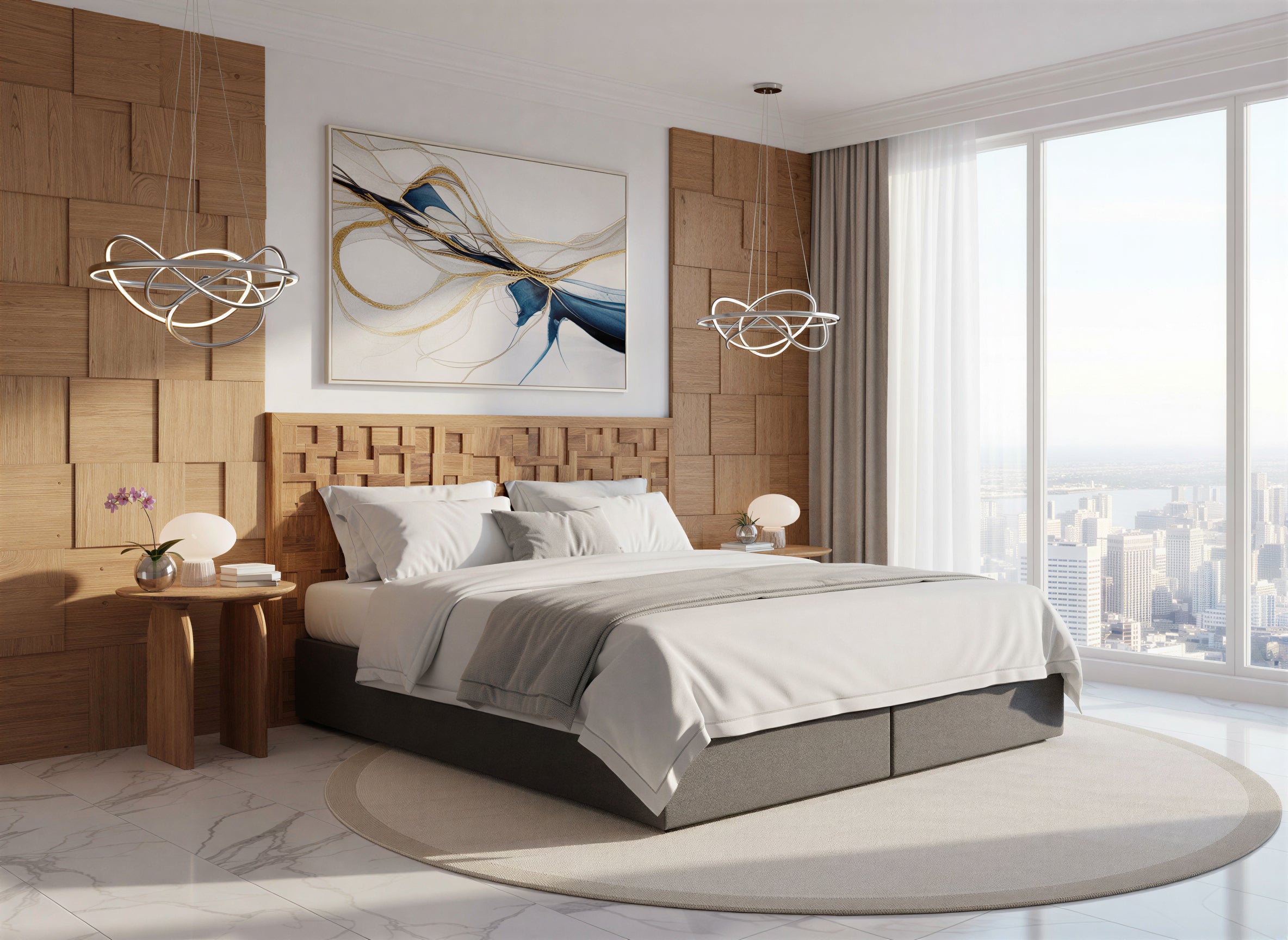 THIS & THAT Boxspringbett mit Holz-Mosaik-Kopfteil – Dunkelgrau, natur – Bild 6