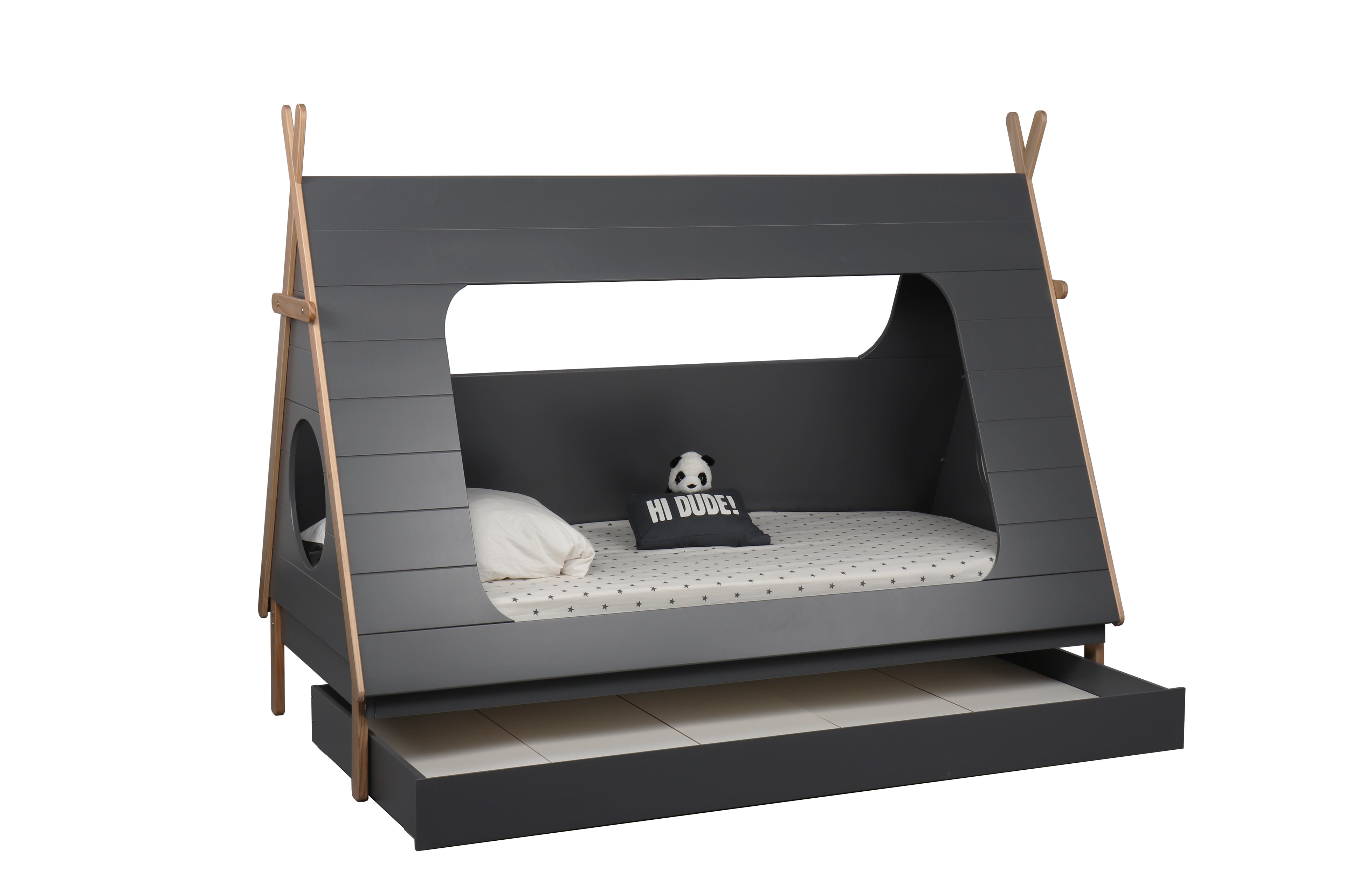 Bett Kinderbett + Schublade – Grau, Natur