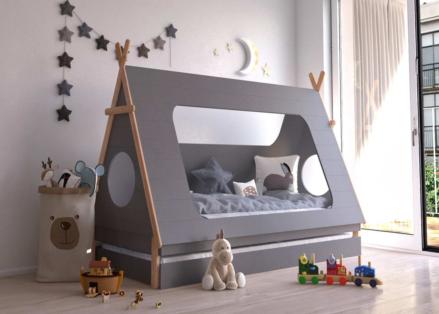 Bett Kinderbett + Schublade – Grau, Natur – Bild 9