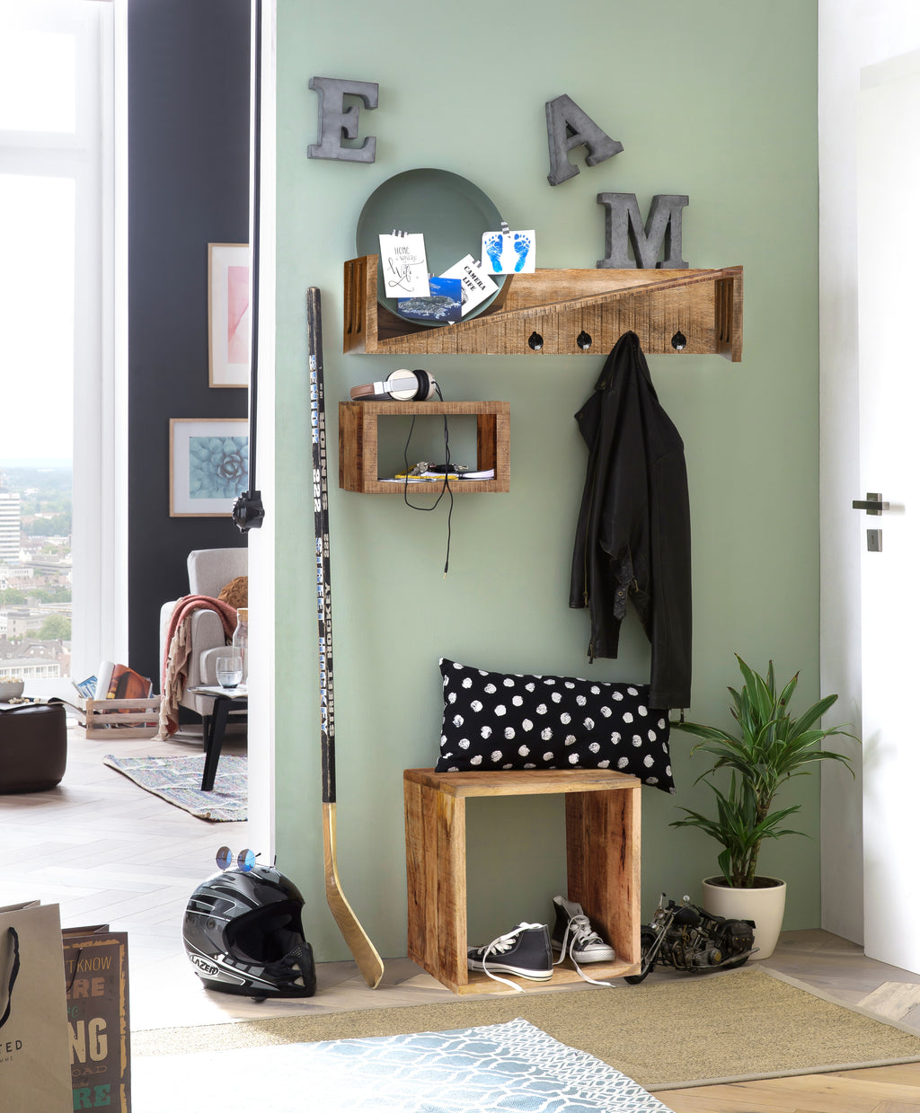 Möbilia - Wandgarderobe 90x20x20 cm natur