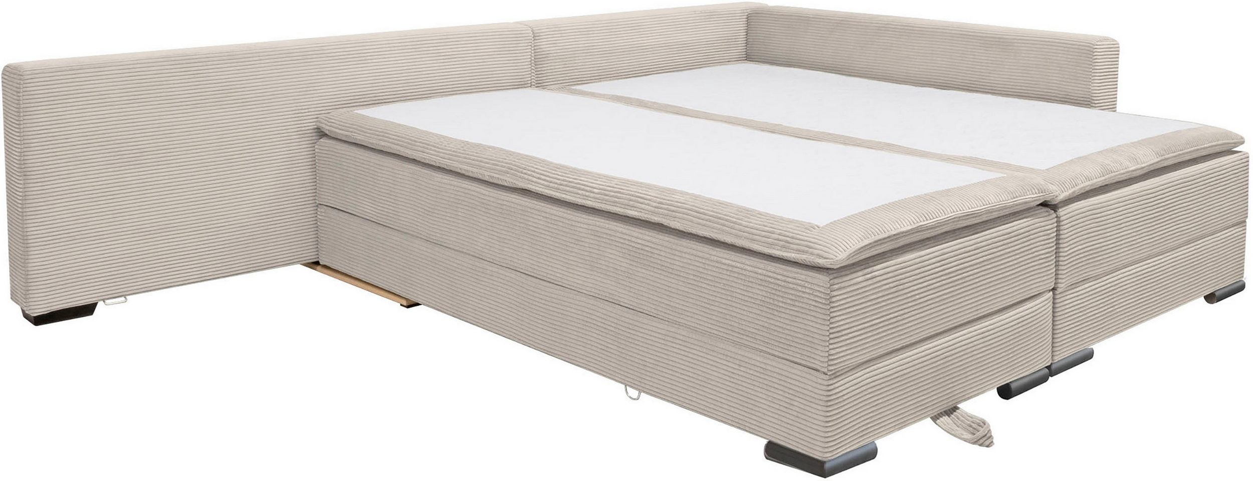 Ecksofa in taupe mit Dauer-Schlaffunktion + integrierten Boxspringbett 180x200cm