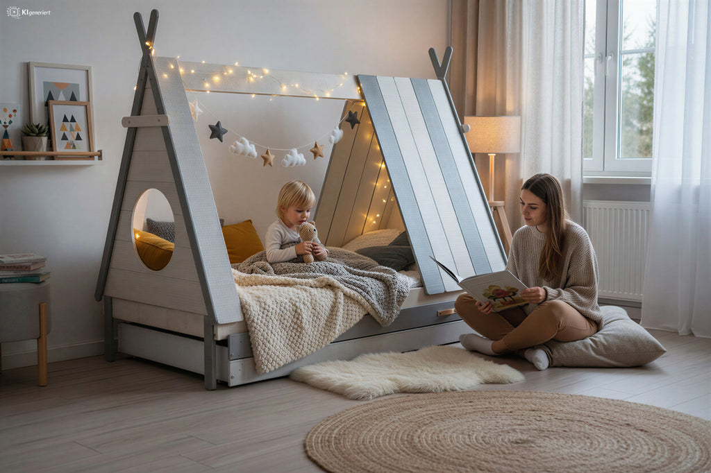 Möbilia - Kinderbett + Schublade 215x105x167 cm weiß, grau