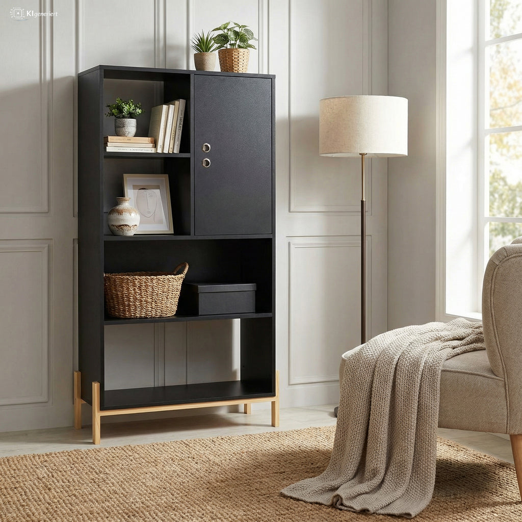 Möbilia - Regal 72,5x35,5x154 cm schwarz, natur