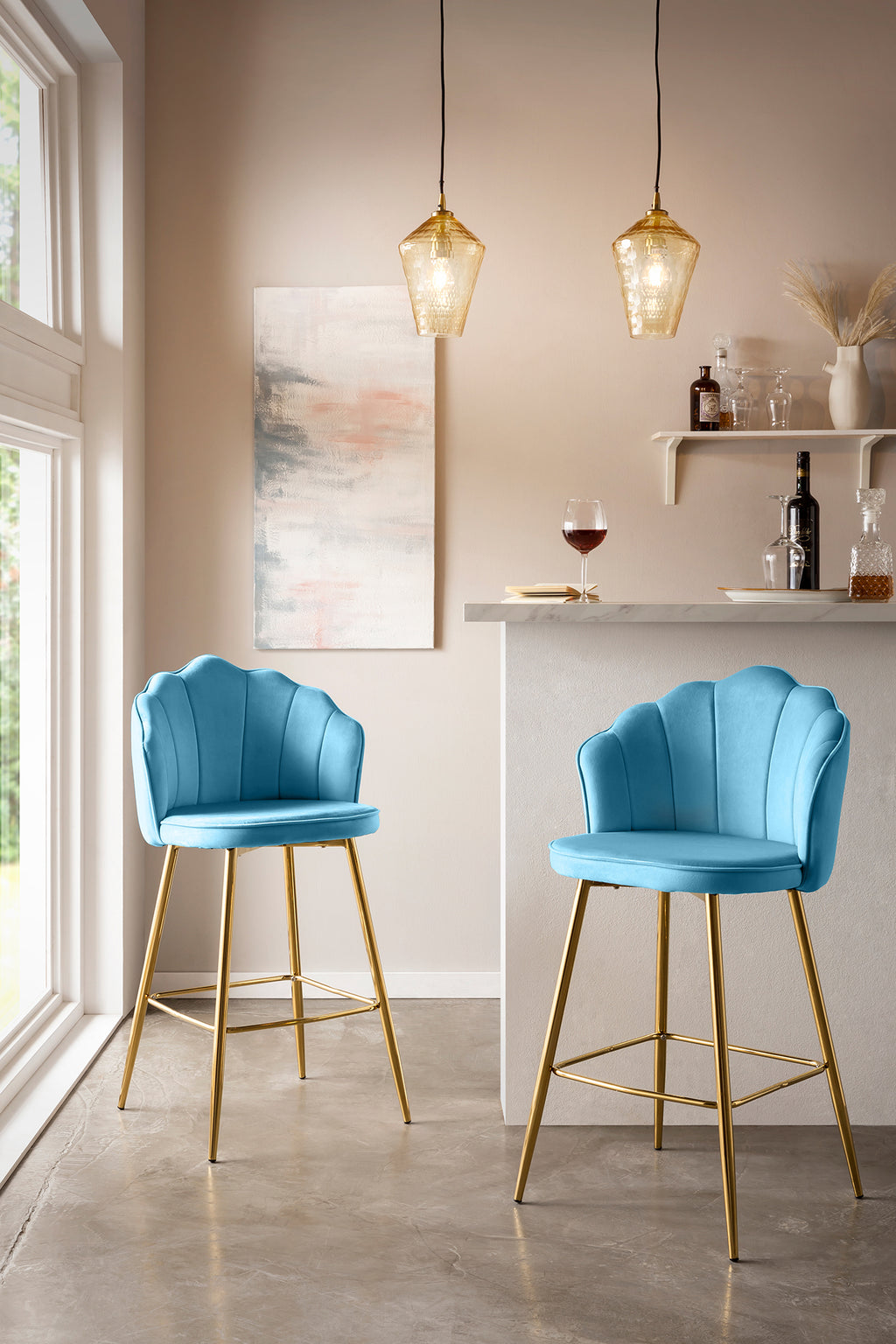 Sales Fever - Barhocker Muscheldesign 2er Set aus Samt Blau