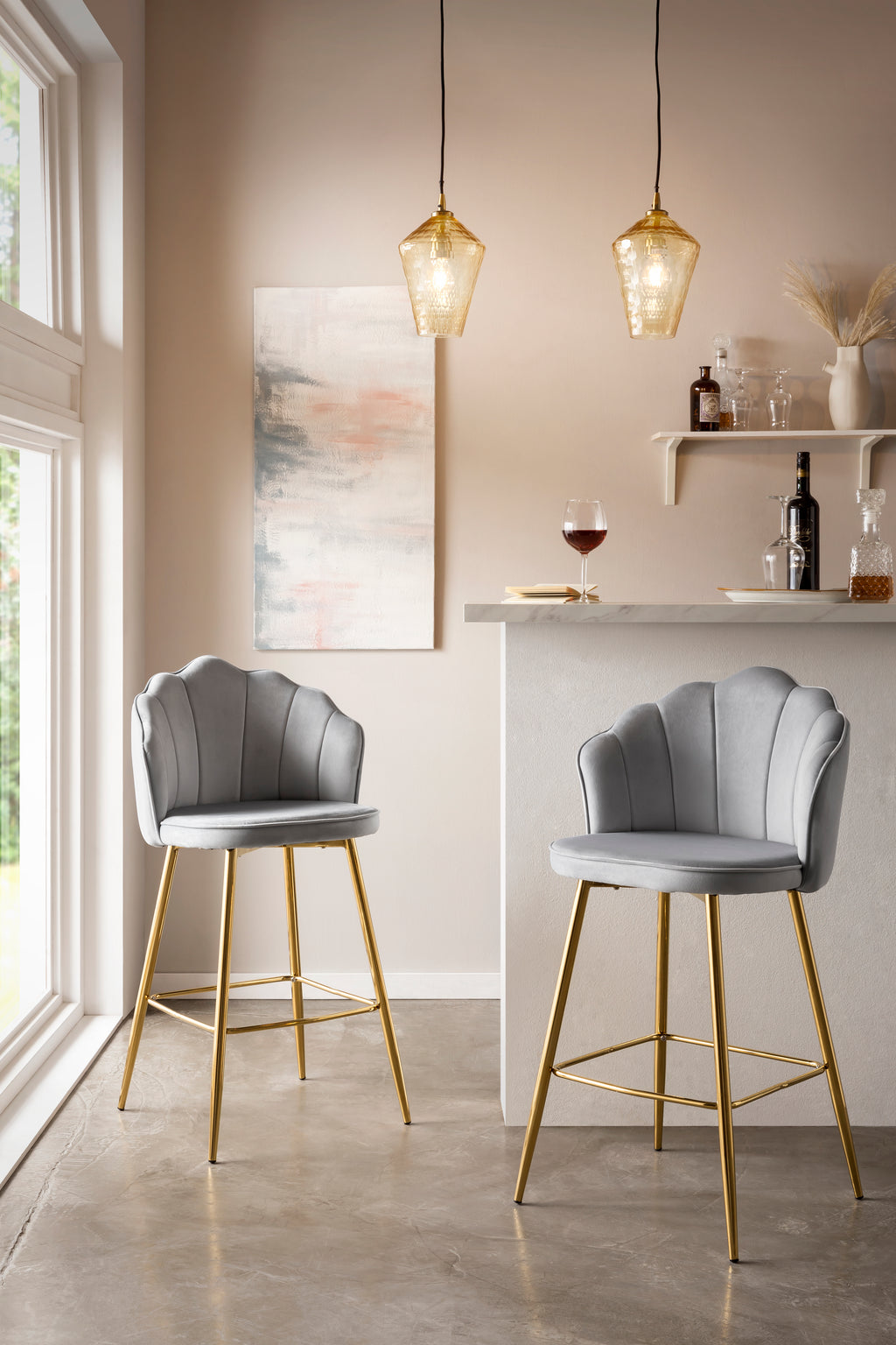 Sales Fever - Barhocker Muscheldesign 2er Set aus Samt Hellgrau