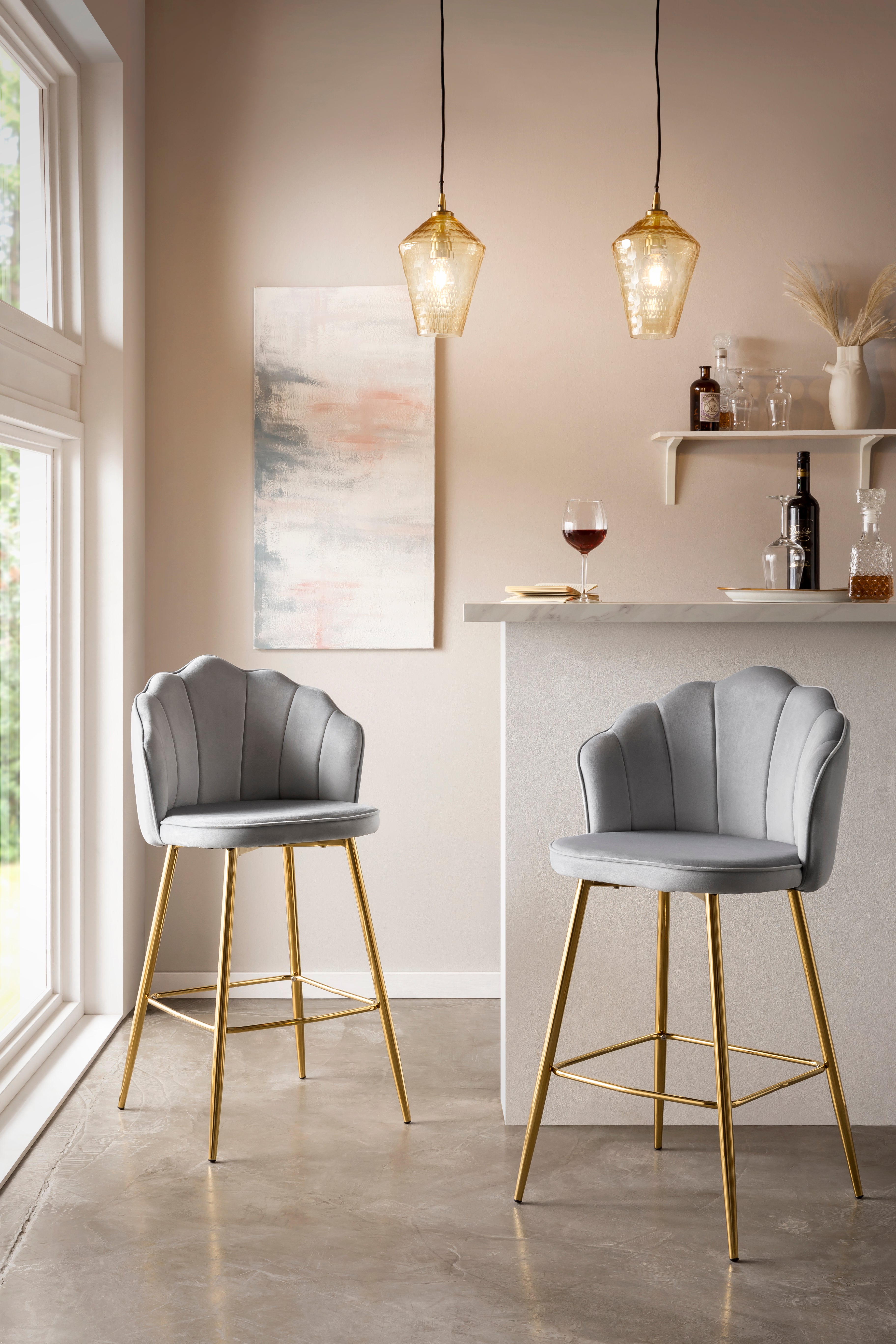 Sales Fever - Barhocker Muscheldesign 2er Set aus Samt Hellgrau