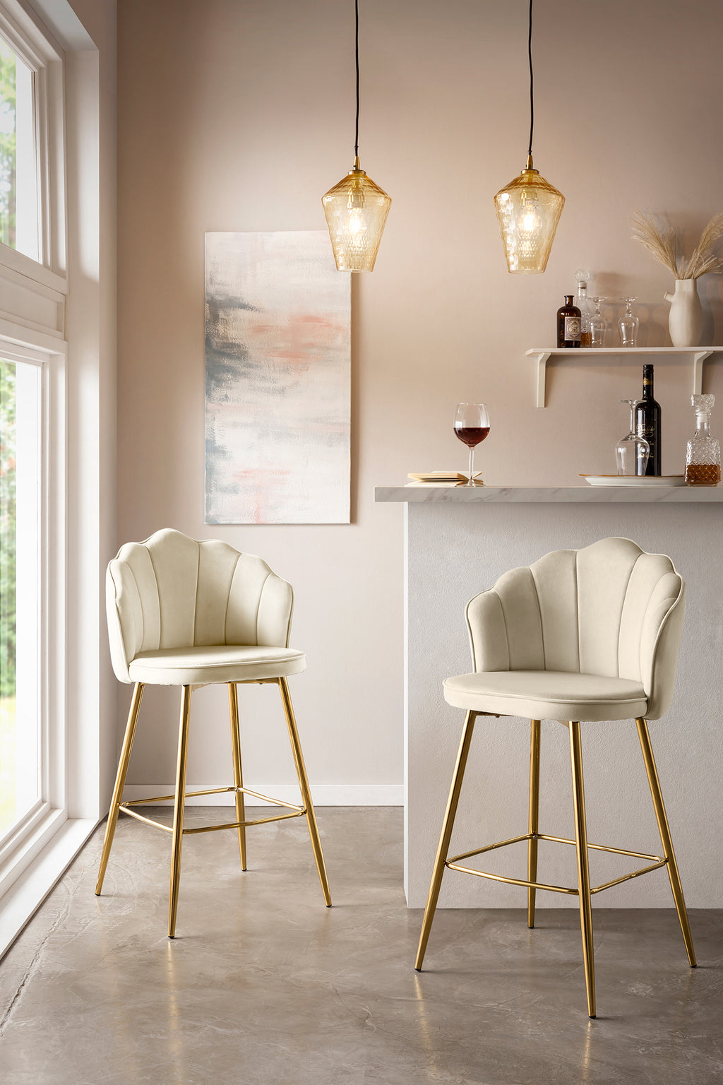 Sales Fever - Barhocker Muscheldesign 2er Set aus Samt Beige