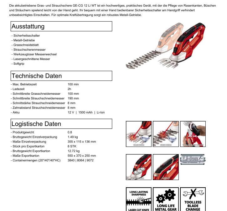 Einhell 3410411 GE-CG 12 Li WT 2in1 Akku-Gras/Strauchschere - Li-Ion