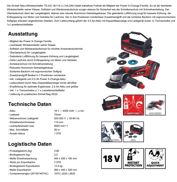 Einhell 4431134 TE-AG18/115Li Akku-Winkelschleifer SET - inkl. 4,0 Ah Li-Ion Akku, 2 Scheiben & Tragetasche - Power X-Change