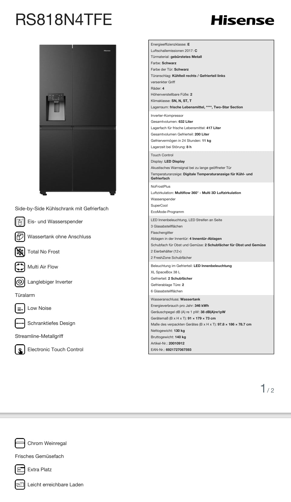 Hisense Side-by-Side schwarz mit Wassertank - RS 818 N4 TFE *E