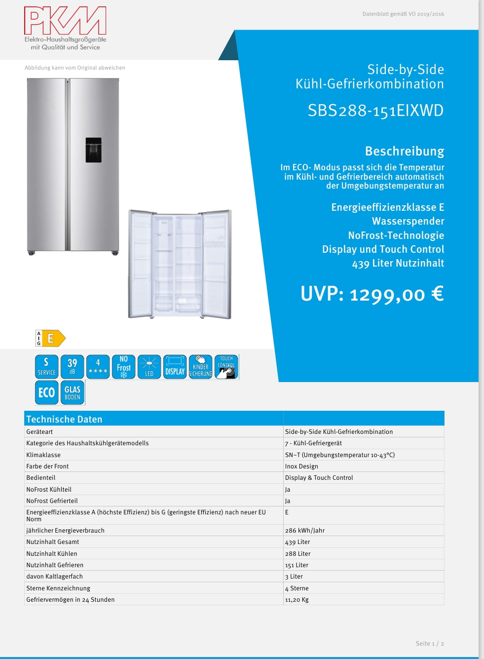 PKM Side by Side Inox Design SBS 288-151 EIXWD *E* NoFrost- mit Wassertank