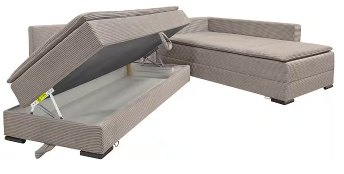 Ecksofa in taupe mit Dauer-Schlaffunktion + integrierten Boxspringbett 180x200cm