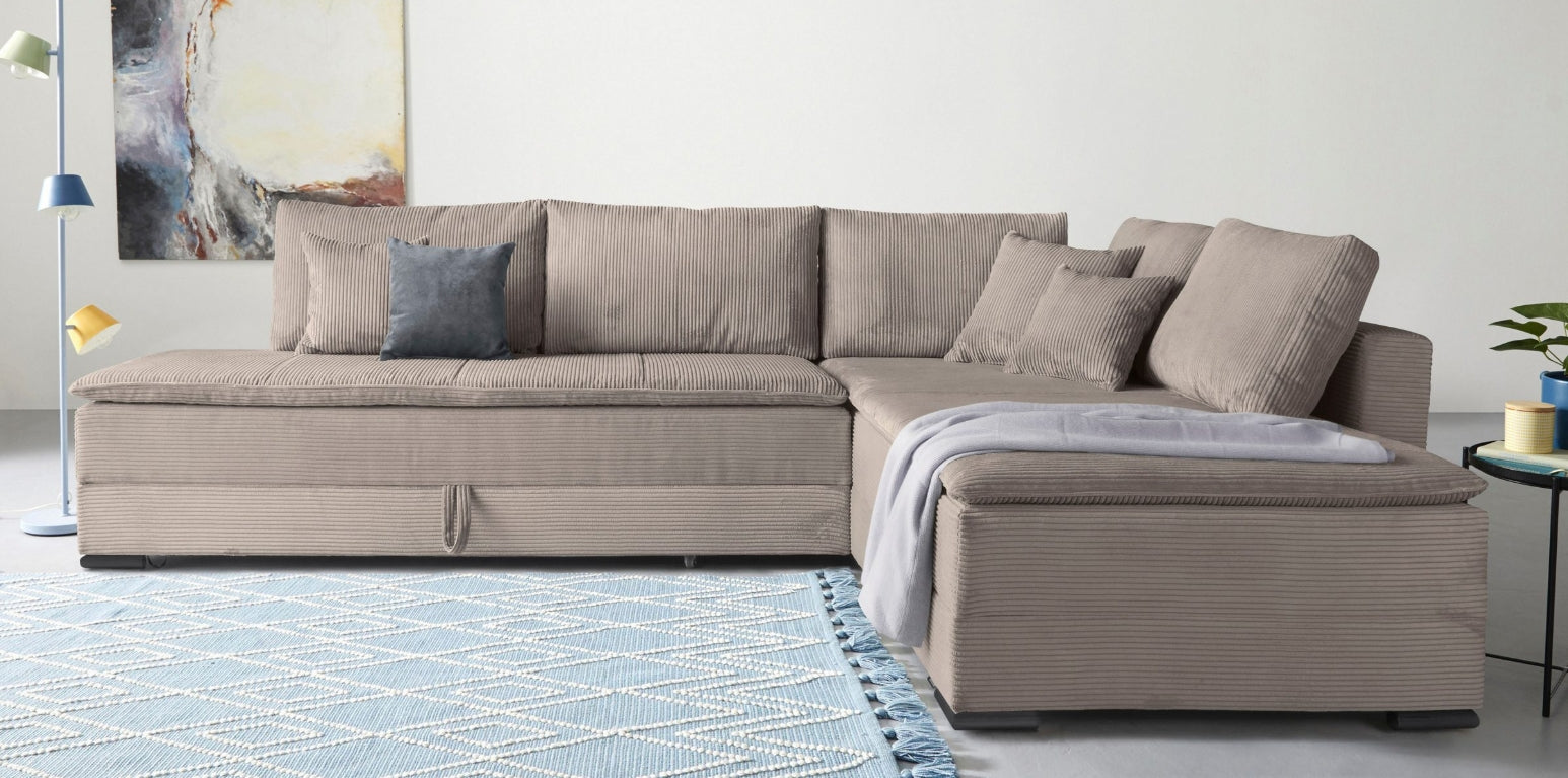 Ecksofa in taupe mit Dauer-Schlaffunktion + integrierten Boxspringbett 180x200cm