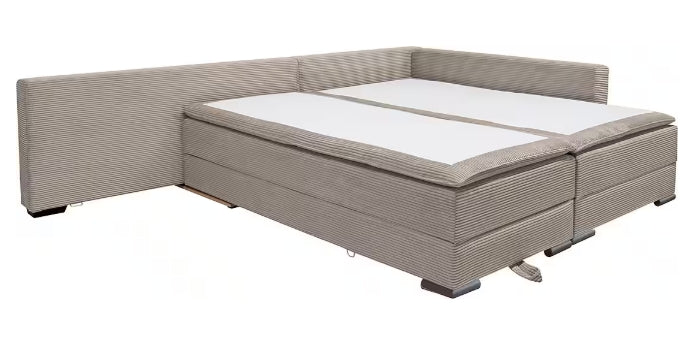 Ecksofa in taupe mit Dauer-Schlaffunktion + integrierten Boxspringbett 180x200cm