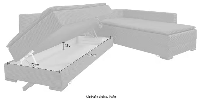 Ecksofa in taupe mit Dauer-Schlaffunktion + integrierten Boxspringbett 180x200cm